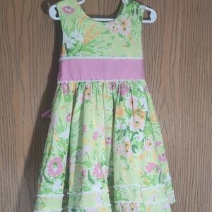 Hartstrings Green Floral Dress with Pink Sash